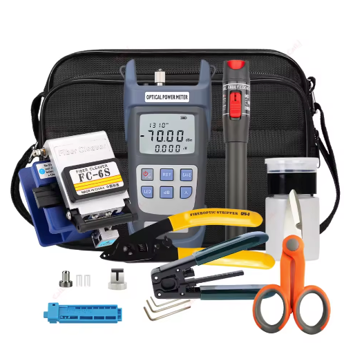 FTTX/FTTH tools optical fiber toolkit with power meter, visual fault locator, optical fiber cutter, kevlar scissors, fiber stripper, SC/FC adapter, carrying case, and other accessories